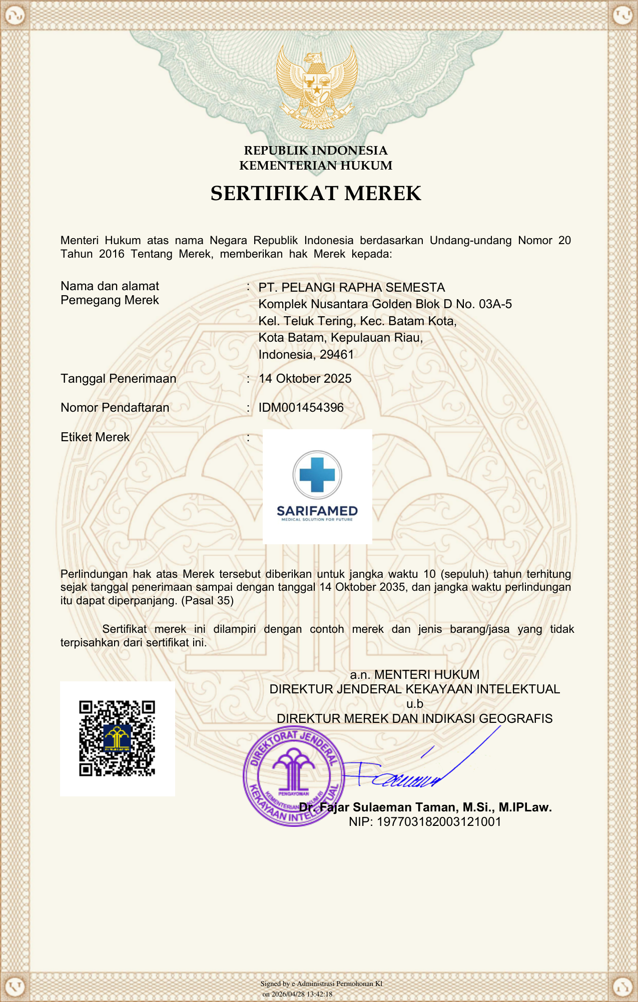 Sertifikat Merek Sarifamed